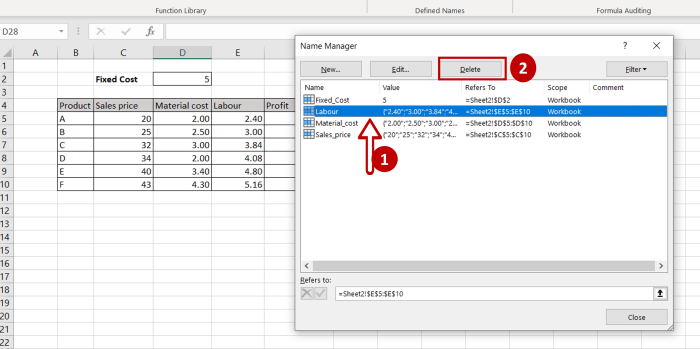 Delete the defined name kitchen january from the worksheet